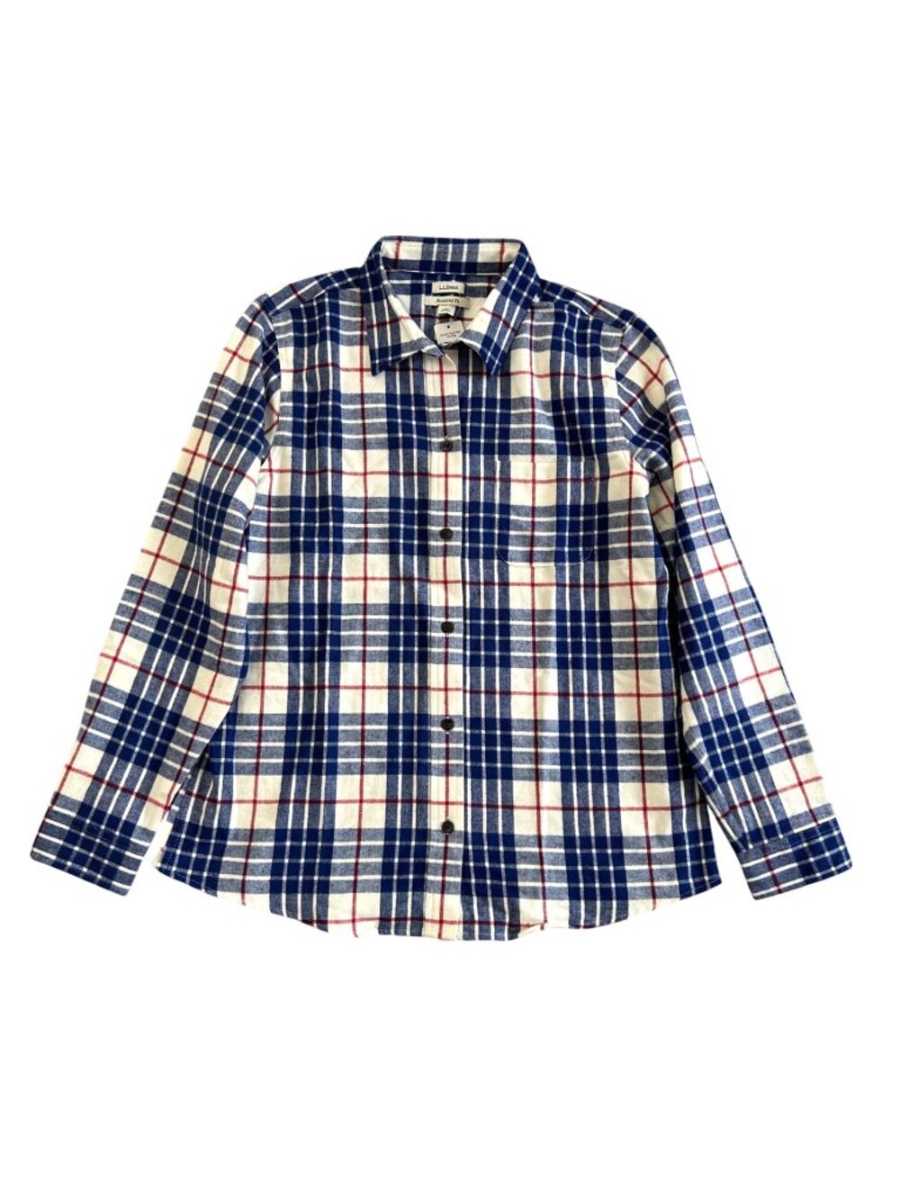 L.L.Bean Women's Sz M Relaxed Fit Scotch Plaid Shirt Blue White Red Cotton